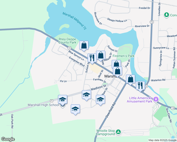 map of restaurants, bars, coffee shops, grocery stores, and more near 604 School Street in Marshall