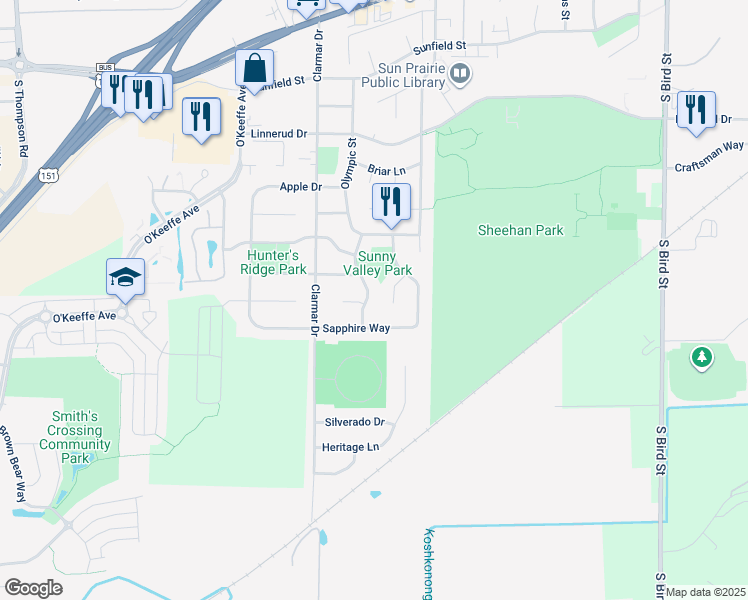map of restaurants, bars, coffee shops, grocery stores, and more near 1049 Fountain Drive in Sun Prairie