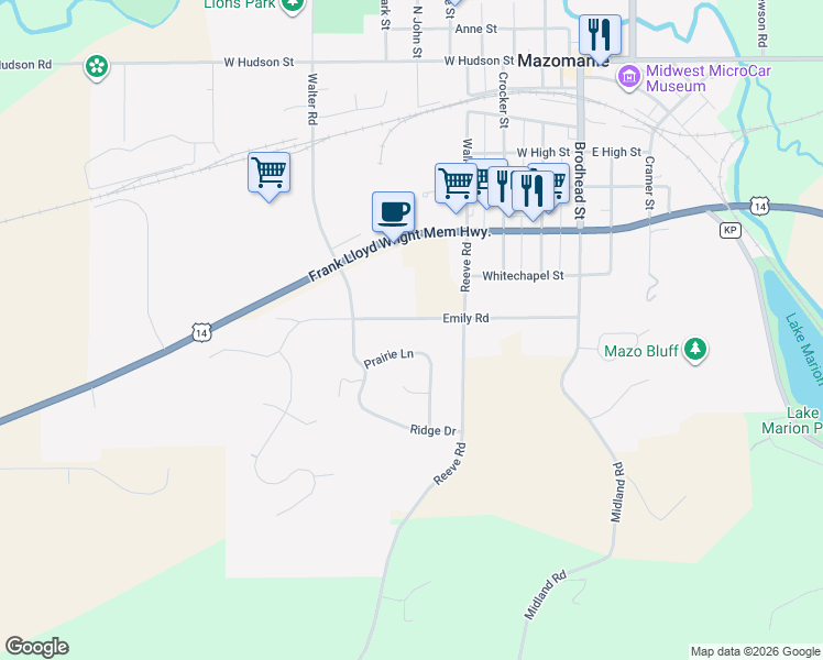 map of restaurants, bars, coffee shops, grocery stores, and more near 603 Prairie Lane in Mazomanie