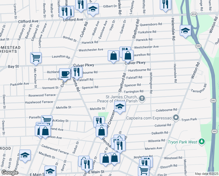 map of restaurants, bars, coffee shops, grocery stores, and more near 140 Woodrow Avenue in Rochester