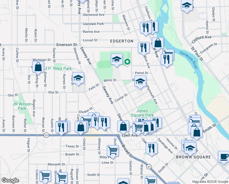 map of restaurants, bars, coffee shops, grocery stores, and more near 213 Parkway in Rochester