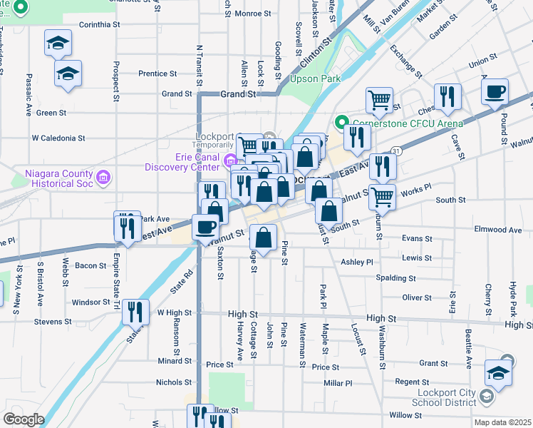 map of restaurants, bars, coffee shops, grocery stores, and more near 30 Walnut Street in Lockport