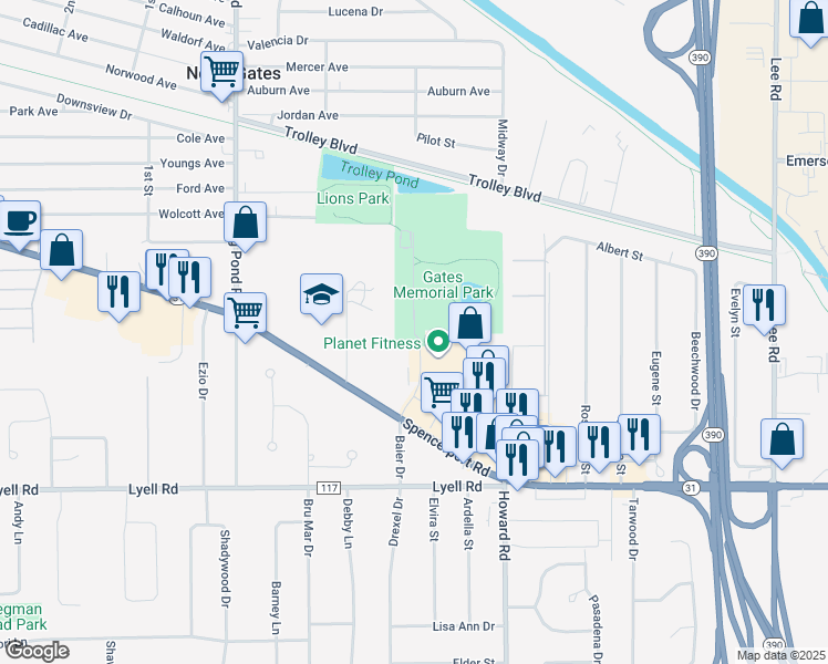 map of restaurants, bars, coffee shops, grocery stores, and more near Karl Fuchs Drive in Rochester