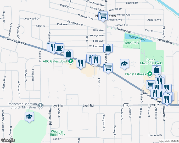 map of restaurants, bars, coffee shops, grocery stores, and more near 485 Spencerport Road in Rochester