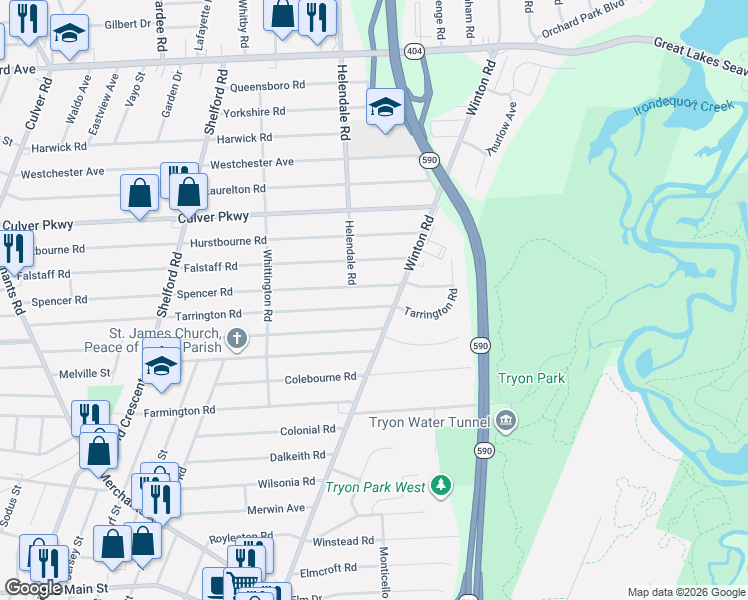 map of restaurants, bars, coffee shops, grocery stores, and more near 511 Tarrington Road in Rochester