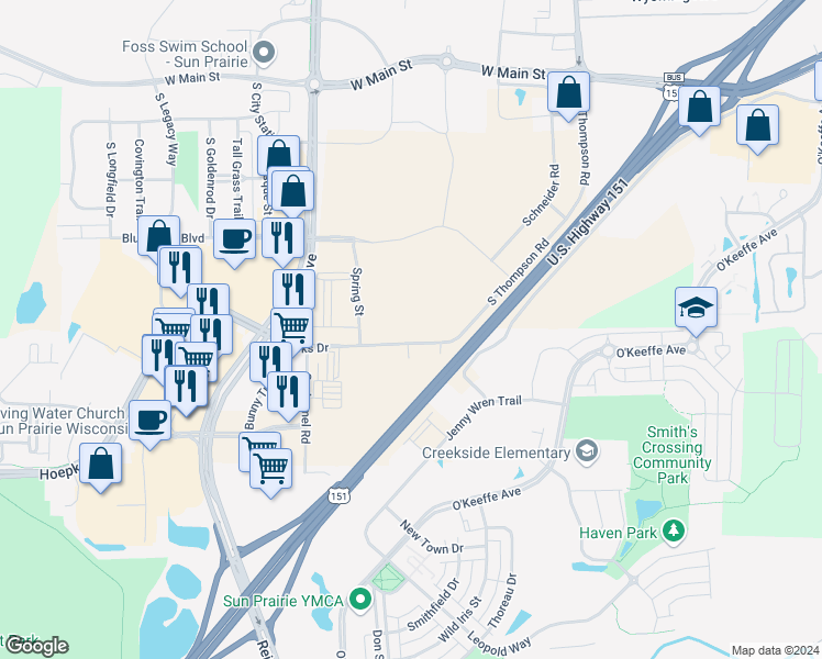 map of restaurants, bars, coffee shops, grocery stores, and more near 3392 Brooks Drive in Sun Prairie