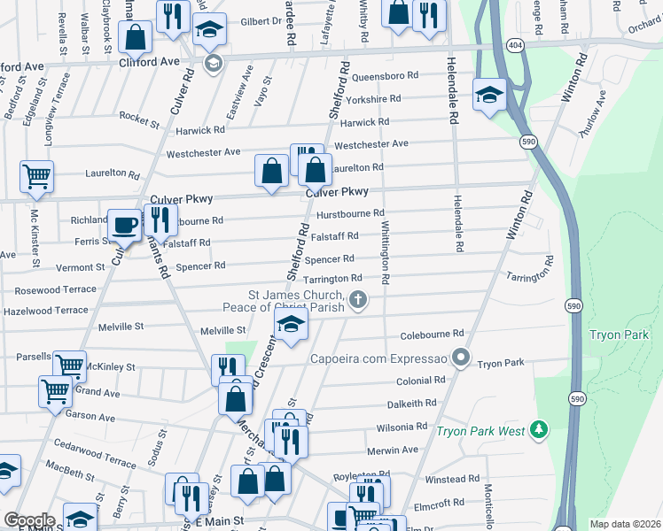 map of restaurants, bars, coffee shops, grocery stores, and more near 301 Tarrington Road in Irondequoit