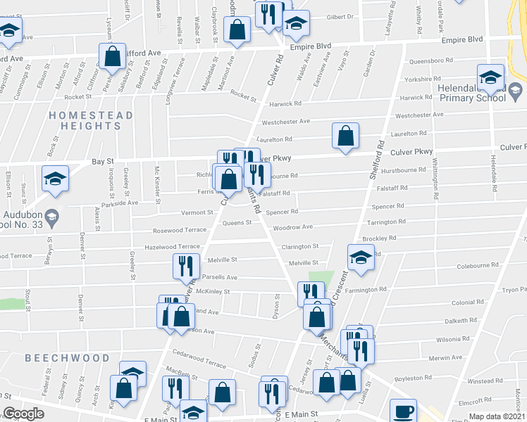 map of restaurants, bars, coffee shops, grocery stores, and more near 89 Queens Street in Rochester