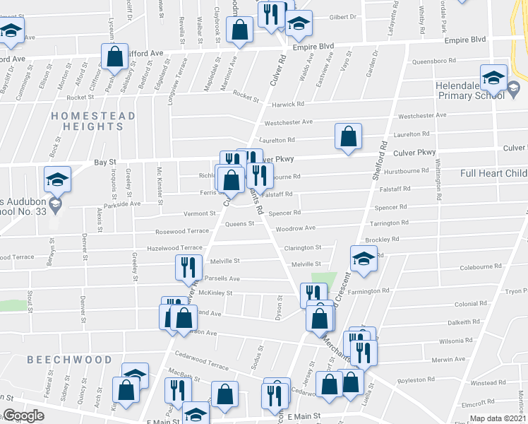 map of restaurants, bars, coffee shops, grocery stores, and more near 89 Queens Street in Rochester