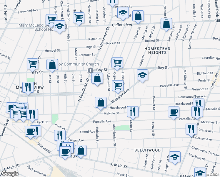 map of restaurants, bars, coffee shops, grocery stores, and more near 25 Copeland Street in Rochester