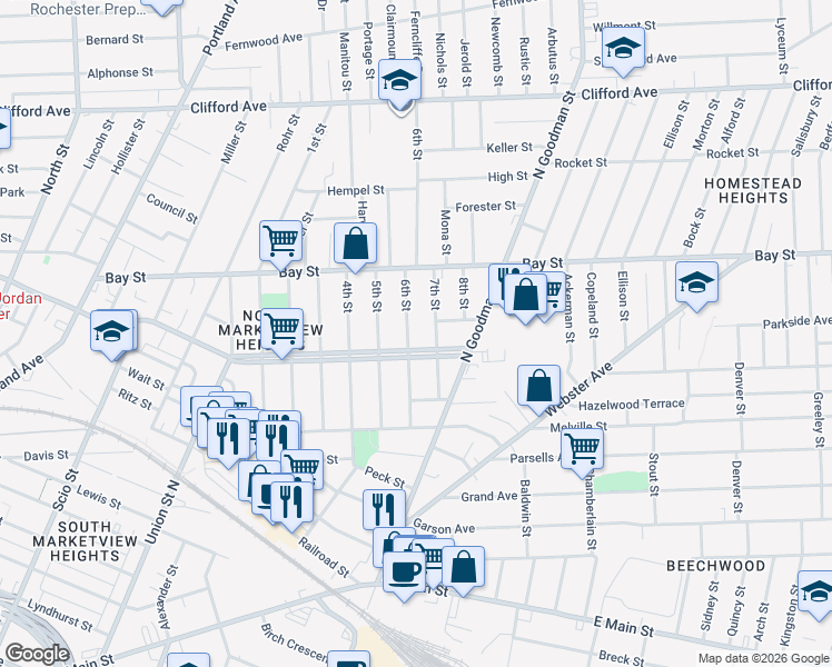 map of restaurants, bars, coffee shops, grocery stores, and more near 497 Central Park in Rochester