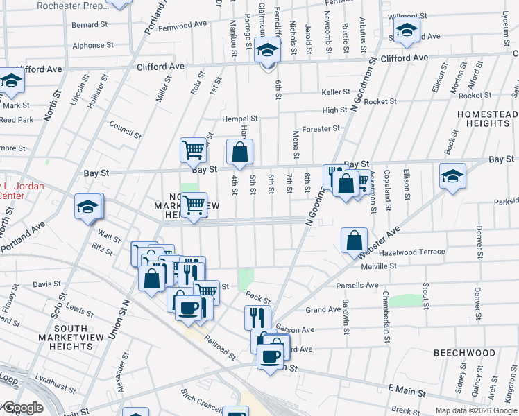 map of restaurants, bars, coffee shops, grocery stores, and more near 453 Central Park in Rochester