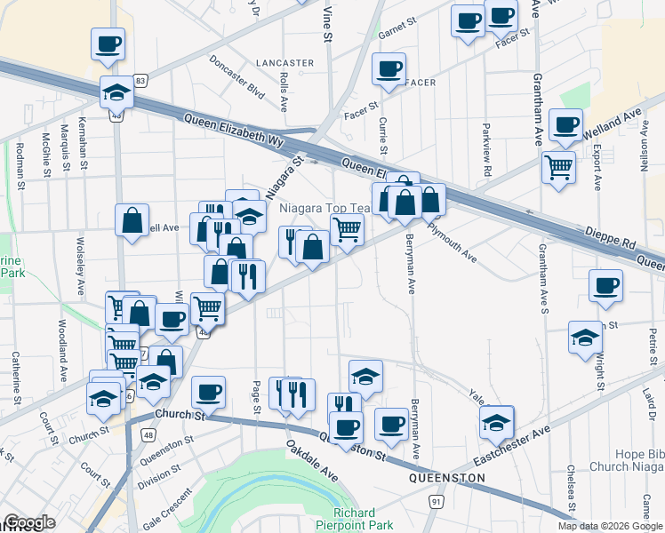map of restaurants, bars, coffee shops, grocery stores, and more near in St. Catharines