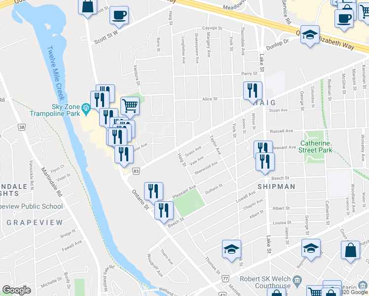 map of restaurants, bars, coffee shops, grocery stores, and more near 75 Grass Avenue in St. Catharines