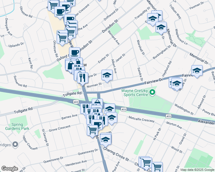 map of restaurants, bars, coffee shops, grocery stores, and more near 34 Norman Street in Brantford