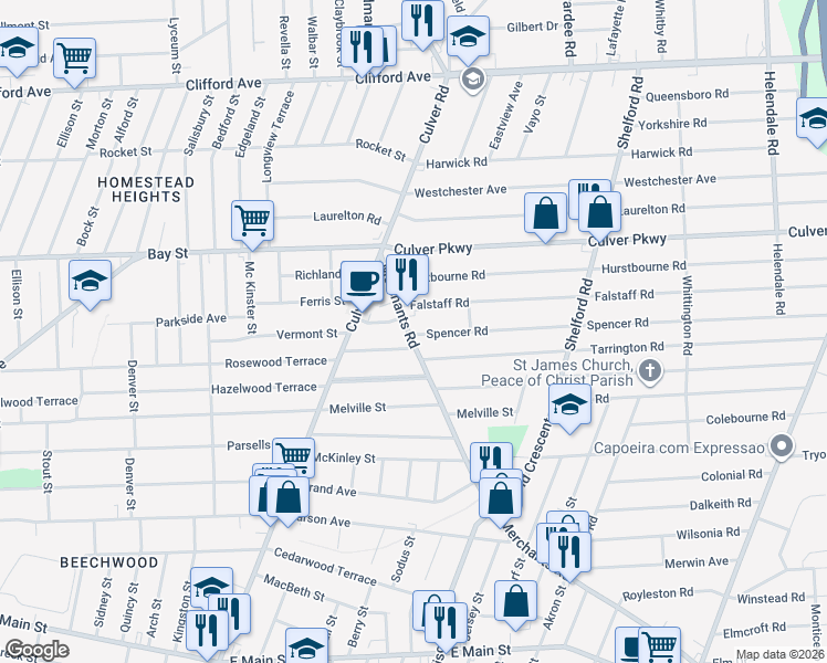 map of restaurants, bars, coffee shops, grocery stores, and more near 820 Merchants Road in Rochester