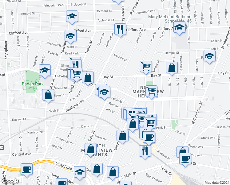 map of restaurants, bars, coffee shops, grocery stores, and more near 12 Vetter Street in Rochester