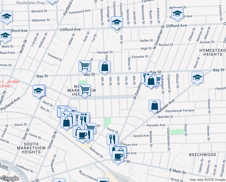 map of restaurants, bars, coffee shops, grocery stores, and more near 453 Central Park in Rochester