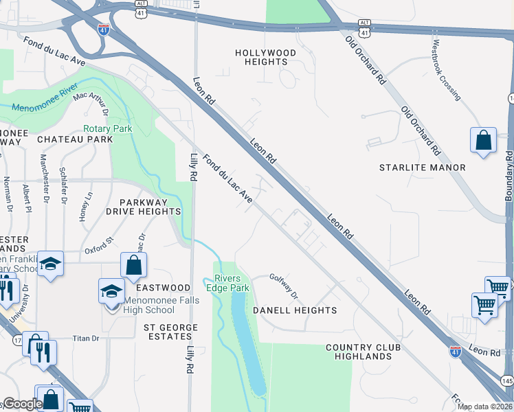 map of restaurants, bars, coffee shops, grocery stores, and more near Fond du Lac Avenue in Menomonee Falls