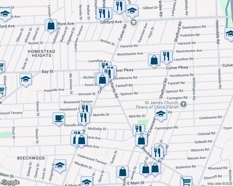 map of restaurants, bars, coffee shops, grocery stores, and more near 820 Merchants Road in Rochester