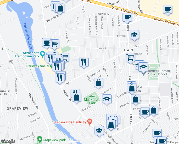 map of restaurants, bars, coffee shops, grocery stores, and more near 62 Carlton Street in Saint Catharines