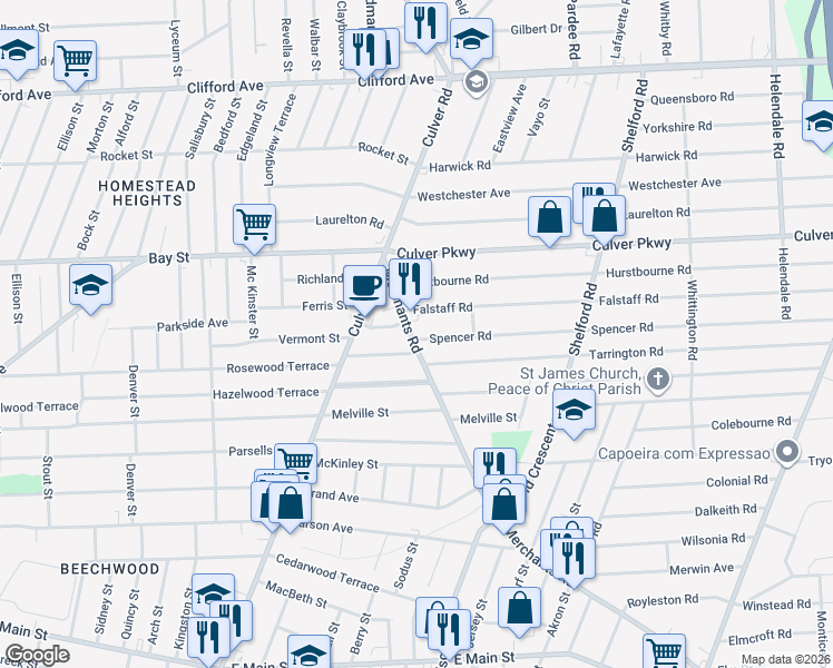 map of restaurants, bars, coffee shops, grocery stores, and more near 822 Merchants Road in Rochester