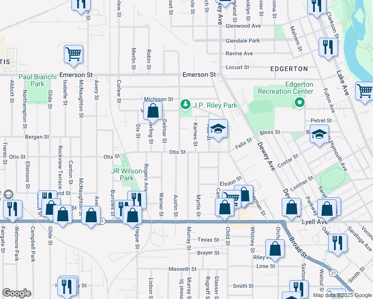 map of restaurants, bars, coffee shops, grocery stores, and more near 128 Otis Street in Rochester