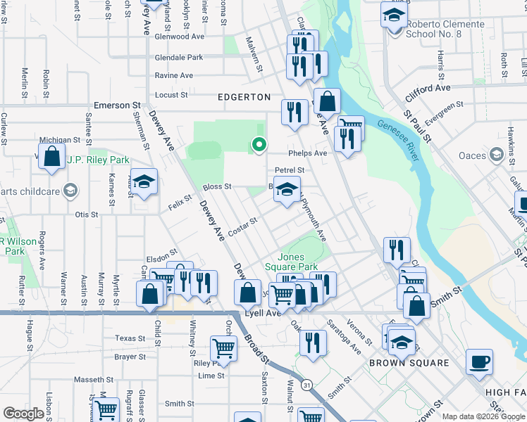 map of restaurants, bars, coffee shops, grocery stores, and more near 222 Saratoga Avenue in Rochester