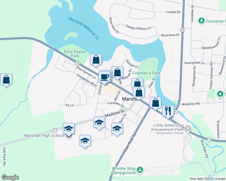 map of restaurants, bars, coffee shops, grocery stores, and more near 504 Plaza Drive in Marshall