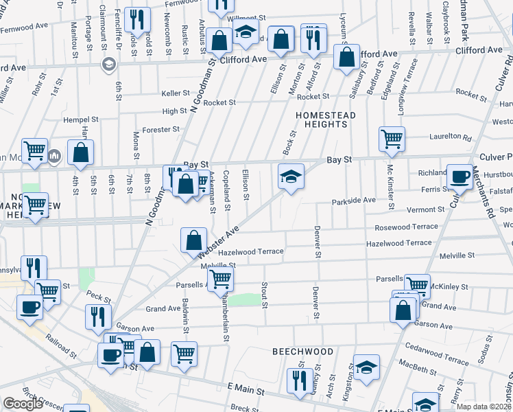 map of restaurants, bars, coffee shops, grocery stores, and more near in Rochester