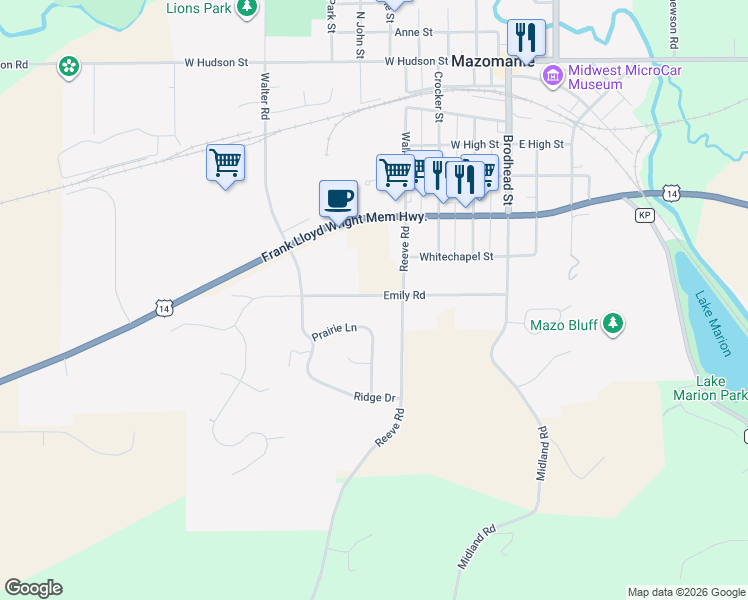 map of restaurants, bars, coffee shops, grocery stores, and more near 603 Prairie Lane in Mazomanie