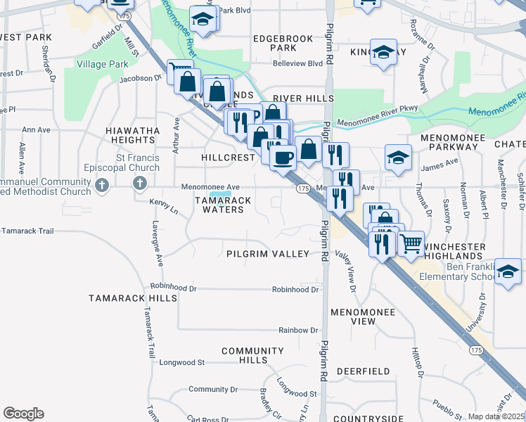 map of restaurants, bars, coffee shops, grocery stores, and more near N84W15923 Menomonee Avenue in Menomonee Falls
