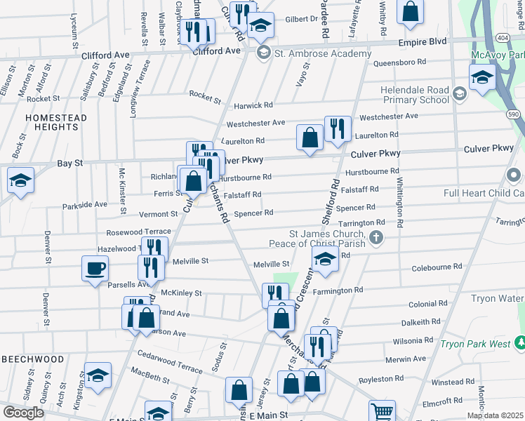 map of restaurants, bars, coffee shops, grocery stores, and more near 88 Woodrow Avenue in Rochester
