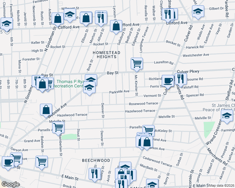map of restaurants, bars, coffee shops, grocery stores, and more near 7 Iroquois Street in Rochester