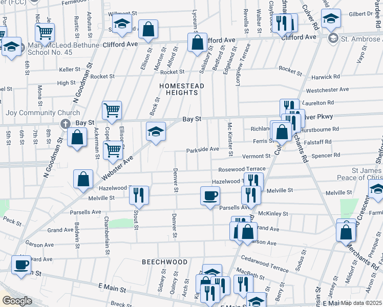 map of restaurants, bars, coffee shops, grocery stores, and more near 7 Iroquois Street in Rochester