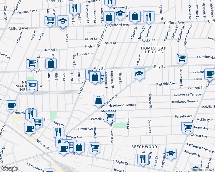 map of restaurants, bars, coffee shops, grocery stores, and more near 25 Copeland Street in Rochester