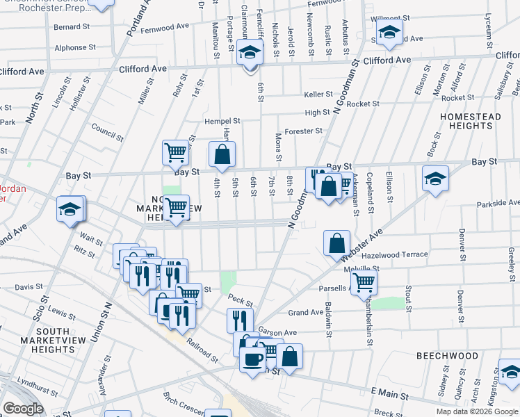 map of restaurants, bars, coffee shops, grocery stores, and more near 497 Central Park in Rochester