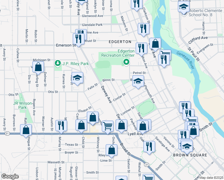 map of restaurants, bars, coffee shops, grocery stores, and more near 213 Parkway in Rochester