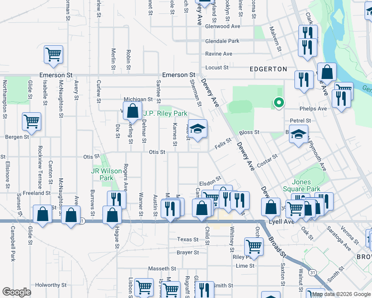 map of restaurants, bars, coffee shops, grocery stores, and more near 185 Cameron Street in Rochester