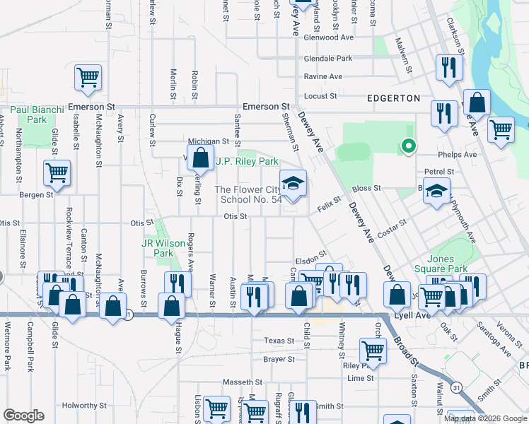 map of restaurants, bars, coffee shops, grocery stores, and more near 181 Myrtle Street in Rochester