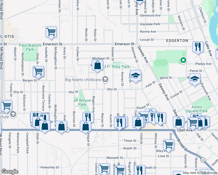 map of restaurants, bars, coffee shops, grocery stores, and more near 64 Austin Street in Rochester