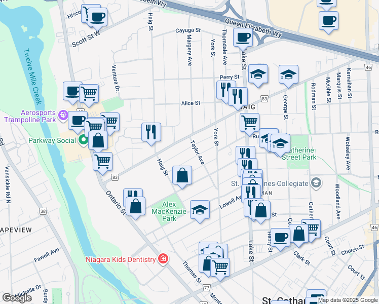 map of restaurants, bars, coffee shops, grocery stores, and more near 102 Vale Avenue in St. Catharines
