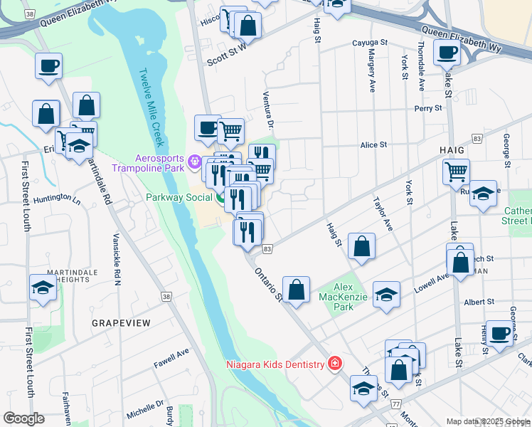 map of restaurants, bars, coffee shops, grocery stores, and more near 318 Ontario Street in St. Catharines