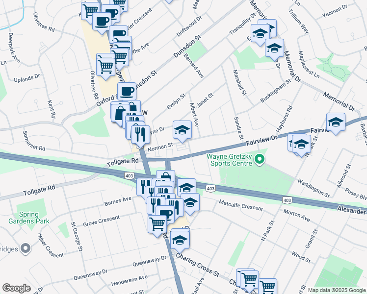 map of restaurants, bars, coffee shops, grocery stores, and more near 36 Fairview Drive in Brantford
