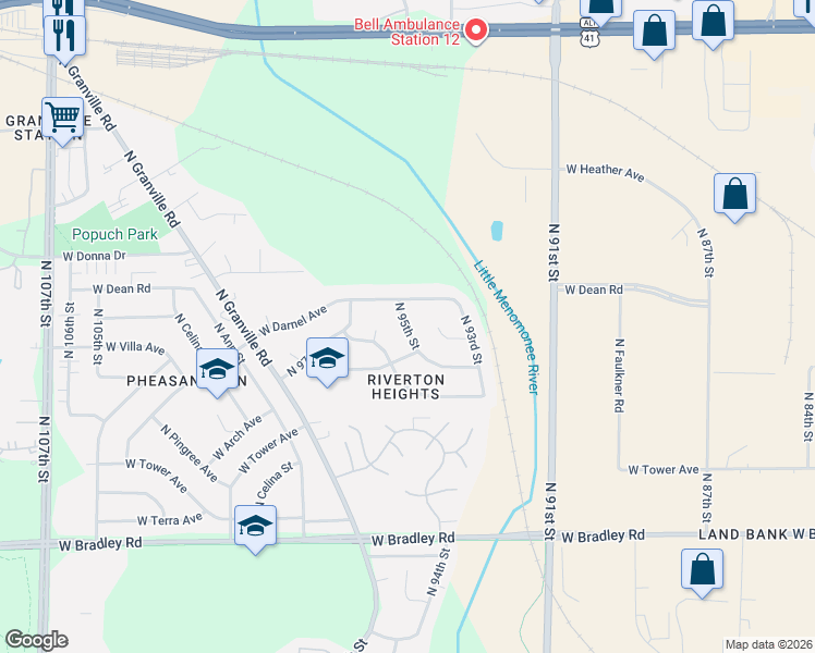 map of restaurants, bars, coffee shops, grocery stores, and more near 8309 North 95th Street in Milwaukee