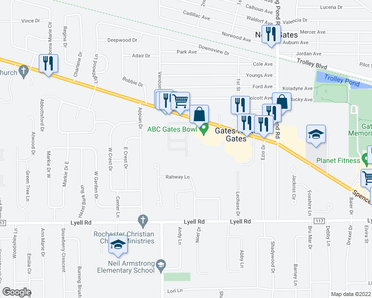 map of restaurants, bars, coffee shops, grocery stores, and more near 325 Gates Manor Drive in Rochester