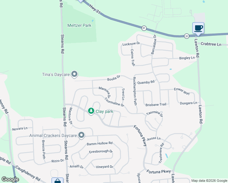map of restaurants, bars, coffee shops, grocery stores, and more near 5408 Tourmaline Drive in Clay