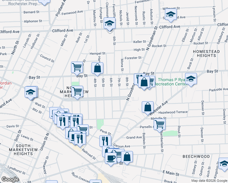 map of restaurants, bars, coffee shops, grocery stores, and more near 497 Central Park in Rochester