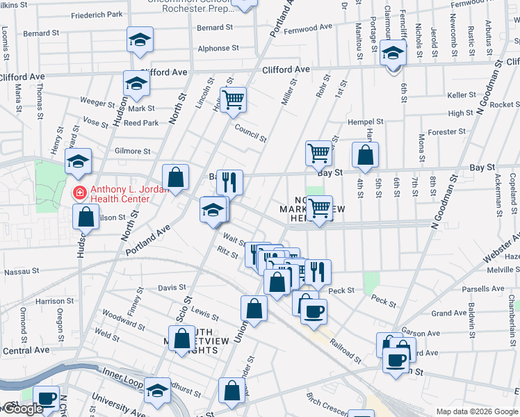 map of restaurants, bars, coffee shops, grocery stores, and more near 185 Central Park in Rochester