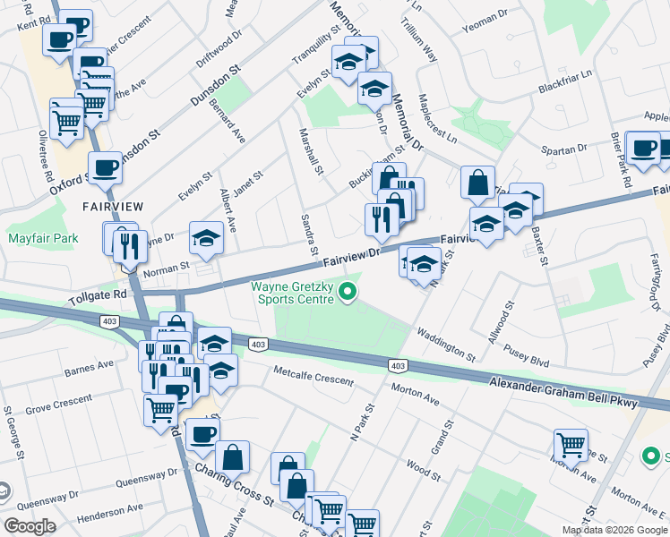 map of restaurants, bars, coffee shops, grocery stores, and more near 27 Walter Gretzky Boulevard in Brantford